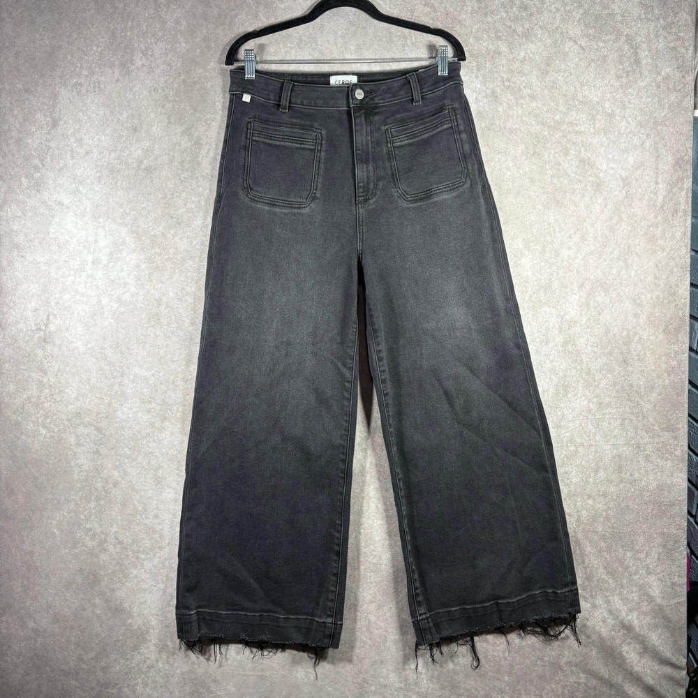 Ceros Jeans Women 13/31 Black Wide Leg High Rise Raw Hem Patch Pockets Faded